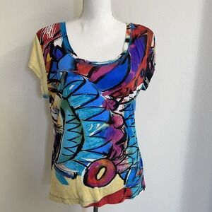 Chicos Peasant Tee Top Womens size 2/Large Floral Artsy Casual Summer Beach soft